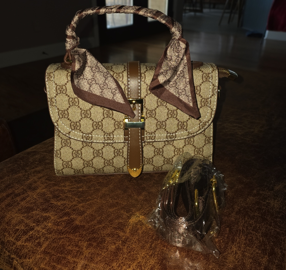 Brown GG Canvas Satchel with Leather Trim and Scarf-wrapped Handle